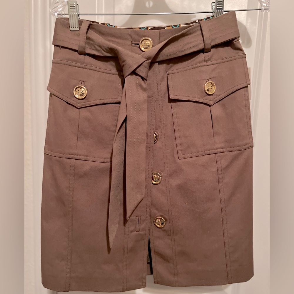 Olive pencil skirt with gold buttons